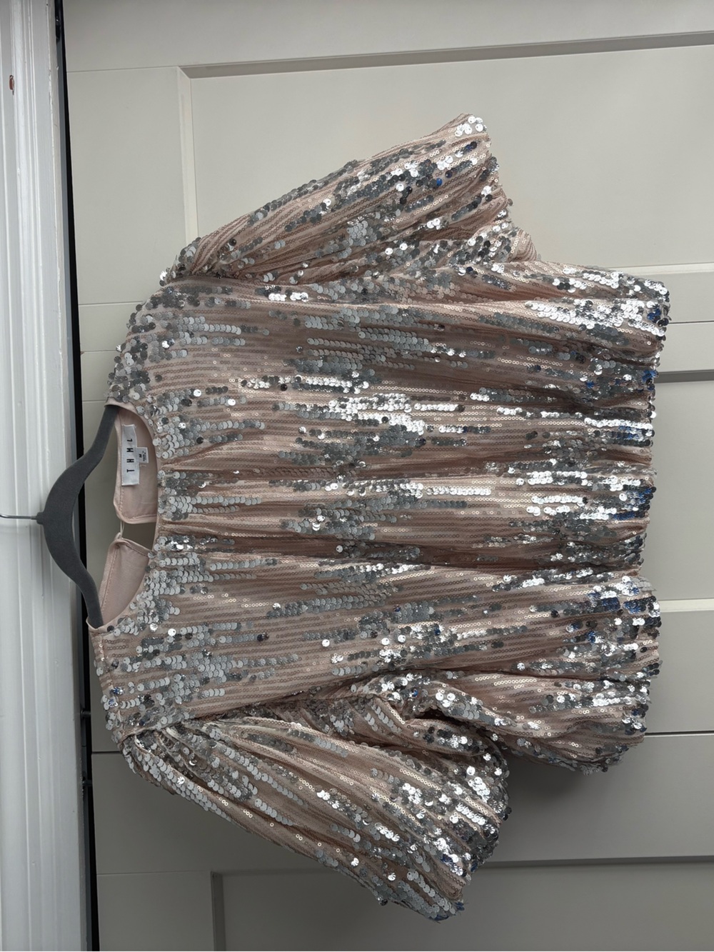 Zara Silver Sequin Puff-Sleeve Crop Top in Blush Pink